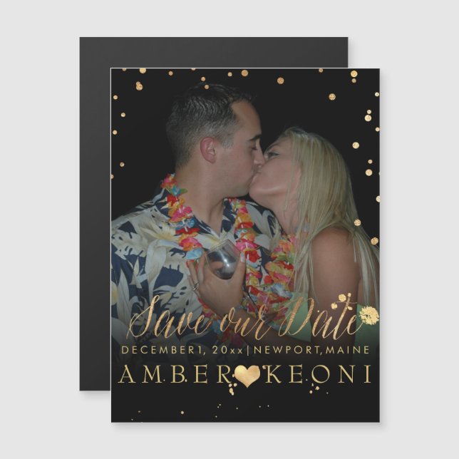 PixDezines Imitats Gold Confetti/Herz/Rett Datum Magneteinladung (Vorne/Hinten)