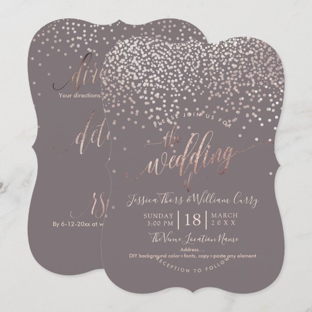 PixDezines Imitats Rose Gold Confetti Hochzeit+UAW Einladung (Vorne/Hinten)
