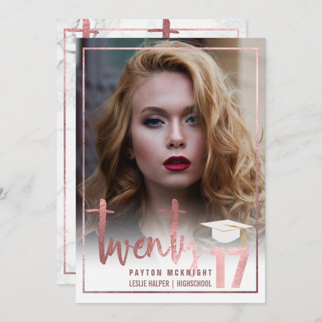 PixDezines Imitats Rose Gold/Marmor Abschluss Einladung (Vorne/Hinten)