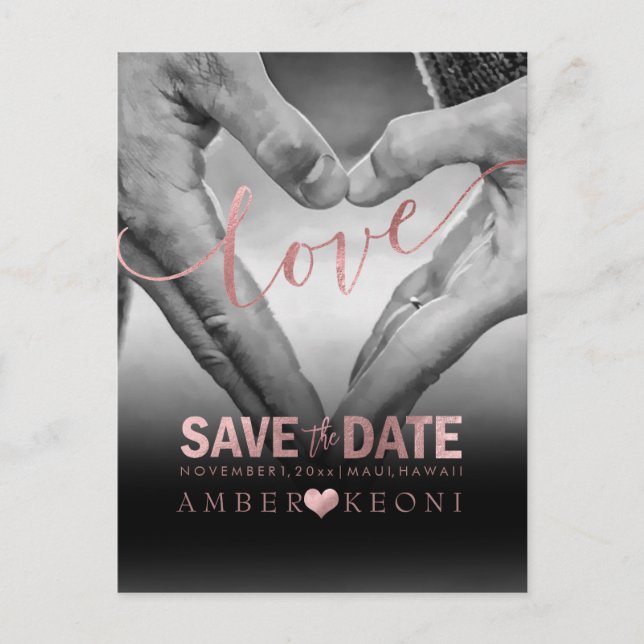 PixDezines Imitats Rose Gold Save the Date/Herz Ankündigungspostkarte (Vorderseite)