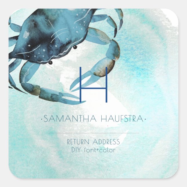 PixDezines Indigo Blue Crab Monogram Beach Quadratischer Aufkleber (Vorderseite)