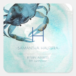 PixDezines Indigo Blue Crab Monogram Beach Quadratischer Aufkleber