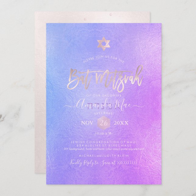PixDezines Iridescent Lila Ombre Bat Mitzvah Einladung (Vorne/Hinten)
