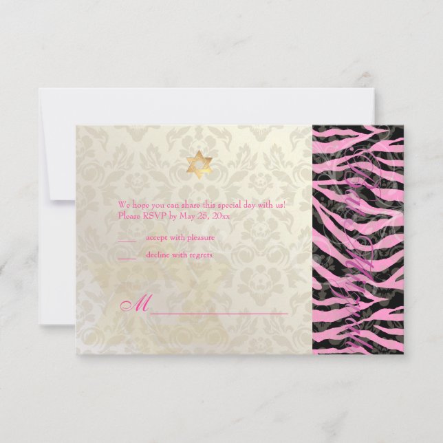 PixDezines LARGE UAWG Zebra/Damask Bat Mitzvah RSVP Karte (Vorderseite)