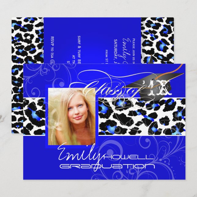 PixDezines Leopard Print Abschluss, Electric Blue Einladung (Vorne/Hinten)