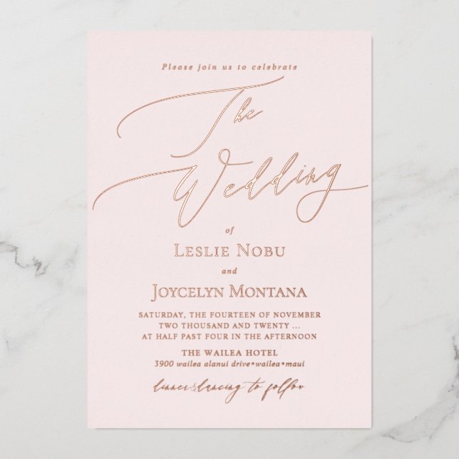 PixDezines Luxe Calligraphie Minimalistische Rose  Folieneinladung (Vorderseite)