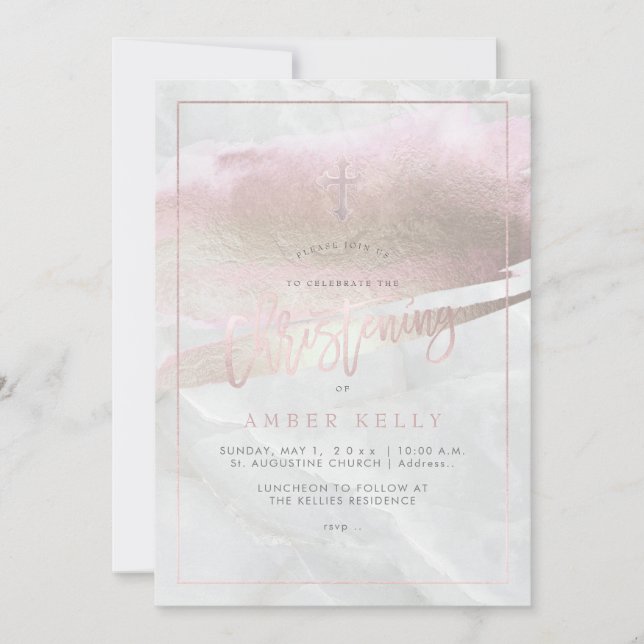 PixDezines Marble+Blush Pink Platinum/Christening Einladung (Vorderseite)