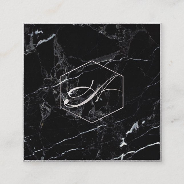 PixDezines Marble+Elegante Imitate Silver Monogram Quadratische Visitenkarte (Vorderseite)