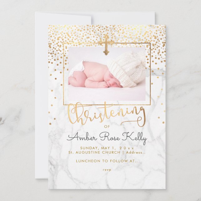PixDezines Marble+Imitate Gold Confetti Christenin Einladung (Vorderseite)