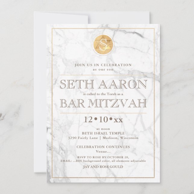 PixDezines Marble Imitate Gold Monogram Bar Mitzva Einladung (Rückseite)