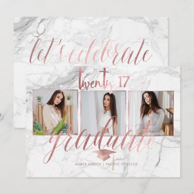 PixDezines Marble Imitats Rose Gold 2017 Abschluss Einladung (Vorne/Hinten)