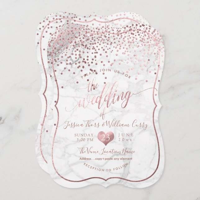 PixDezines Marble+Imitats Rose Gold Confetti Hochz Einladung (Vorne/Hinten)
