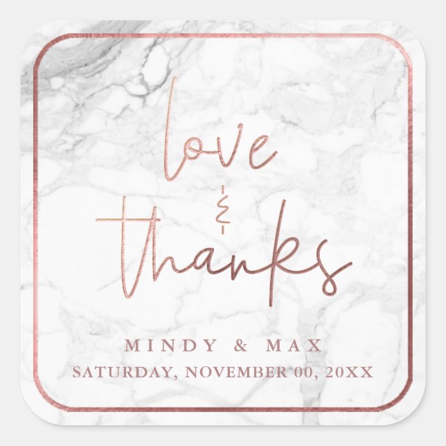 PixDezines MARBLE IMITATS ROSE GOLD LIEBE+DANKS Quadratischer Aufkleber (Vorderseite)