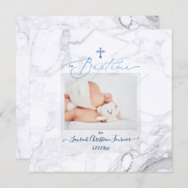 PixDezines Marbre Blanc, Baptême Bleu garçon Einladung