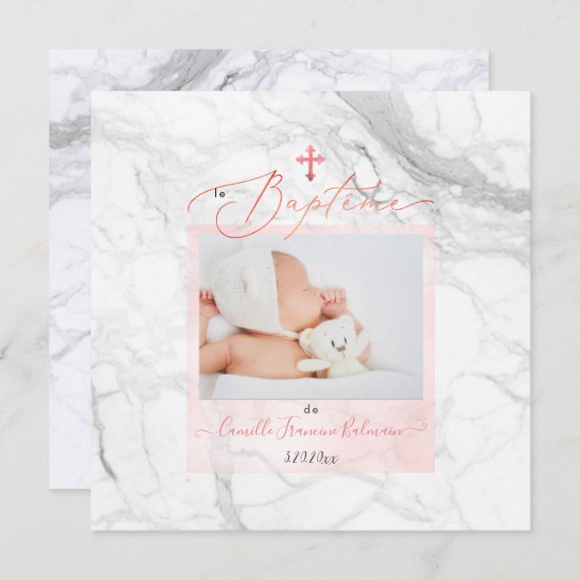 PixDezines Marbre Blanc, Baptême Fille Einladung (Vorne/Hinten)