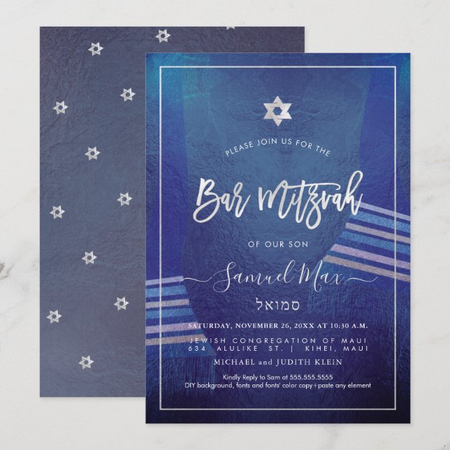 PixDezines Marine Blue+Platinum Talitz Bar Mitzvah Einladung (Vorne/Hinten)