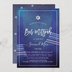 PixDezines Marine Blue+Platinum Talitz Bar Mitzvah Einladung