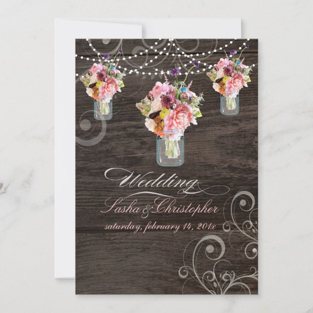 PixDezines MASON JARS/RUSTIC WOOD PANELS Einladung (Vorderseite)