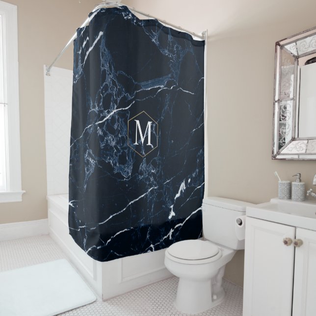 PixDezines MIDNIGHT BLU MARBLE+MONOGRAM Duschvorhang (Beispiel)