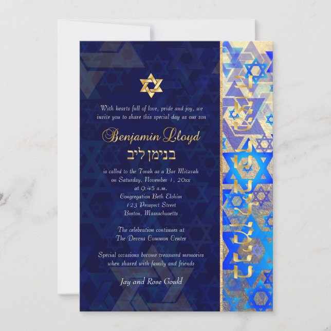 PixDezines Mod stars Bar Mitzvah Dark Blue Gold in Einladung (Vorderseite)