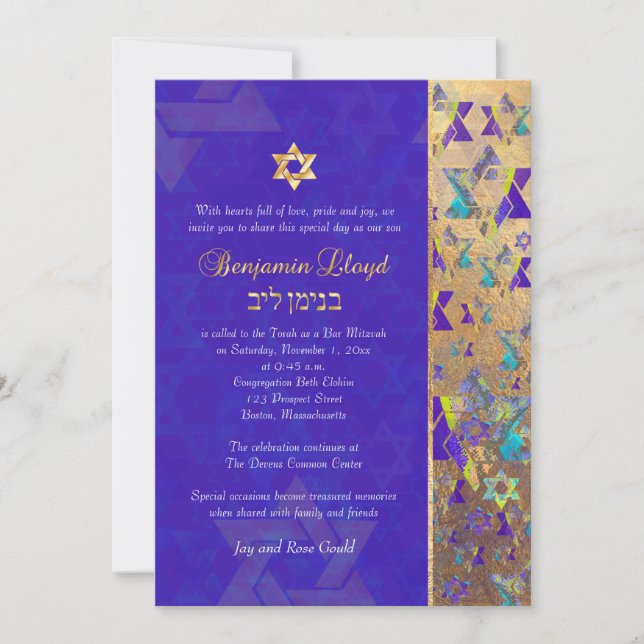 PixDezines Mod stars Bar Mitzvah Lila Gold Einladung (Vorderseite)