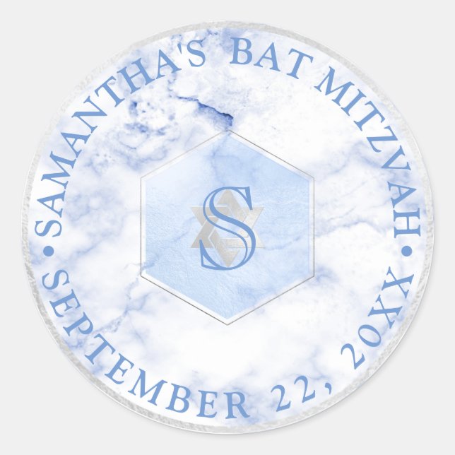 PixDezines Monogram Blue Honeycomb Mitzvah Runder Aufkleber (Vorderseite)