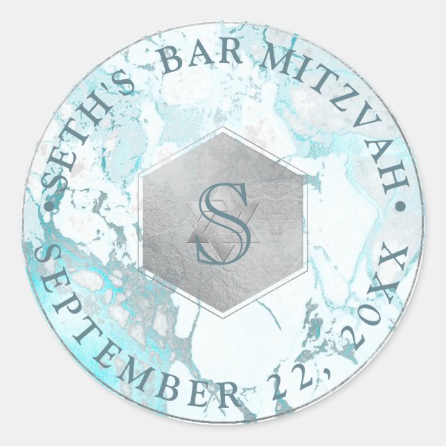PixDezines Monogram Blue Marble Honeycomb Mitzvah Runder Aufkleber (Vorderseite)