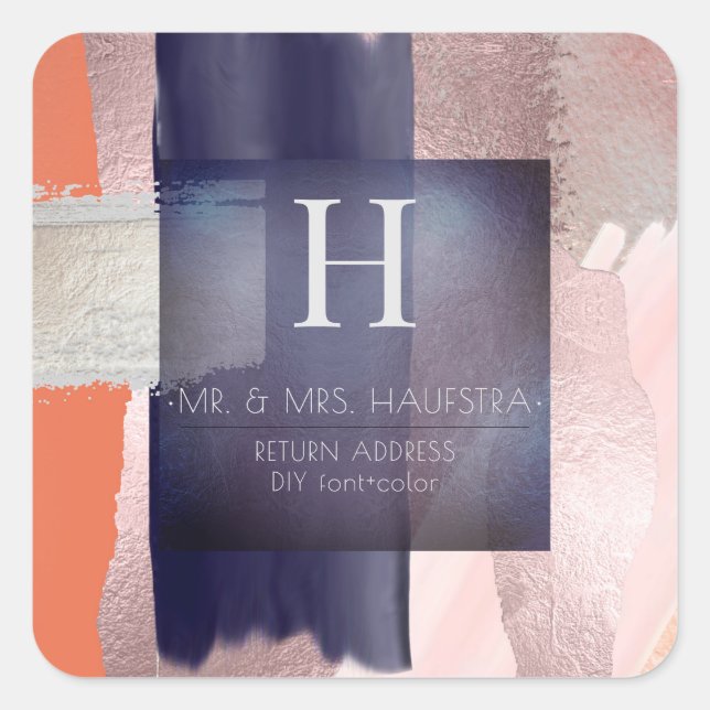 PixDezines Monogram, Blush+Navy+Silver Farbblock Quadratischer Aufkleber (Vorderseite)