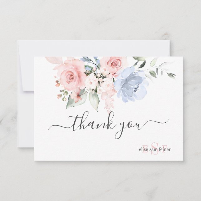 PixDezines Monogram Blush Pink Dusty Blue Rose Dankeskarte (Vorderseite)