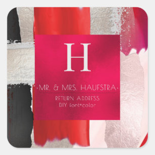 PixDezines Monogram, Blush+Silver+Roter Farbblock Quadratischer Aufkleber