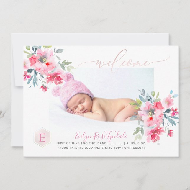 PixDezines Monogram+Garden Rose Birth Baby Girl Ankündigung (Vorderseite)
