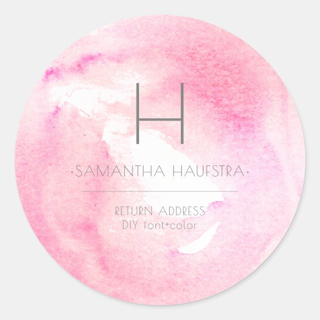 PixDezines Monogram Himbeere Pink Wasserfarbe Runder Aufkleber (Vorderseite)