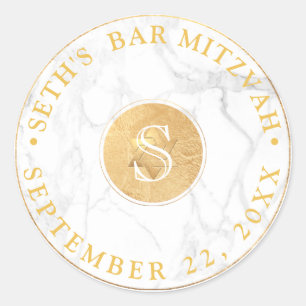 PixDezines Monogram Imitate Gold+Marble Mitzvah Runder Aufkleber