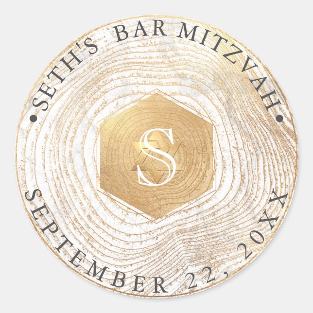 PixDezines Monogram Imitate Gold Tree Rings Mitzva Runder Aufkleber (Vorderseite)