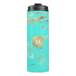 PixDezines MONOGRAM TURQUOISE GOLD VEINS Thermosbecher