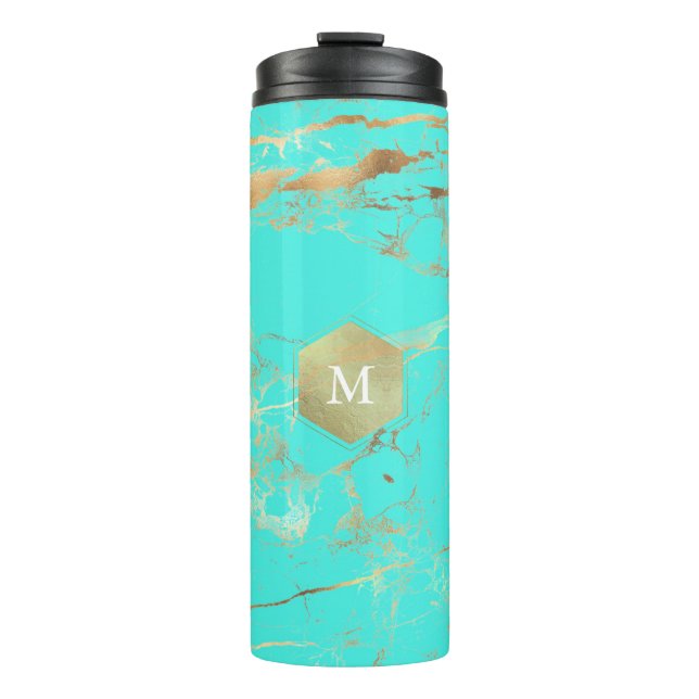 PixDezines MONOGRAM TURQUOISE GOLD VEINS Thermosbecher (Vorderseite)