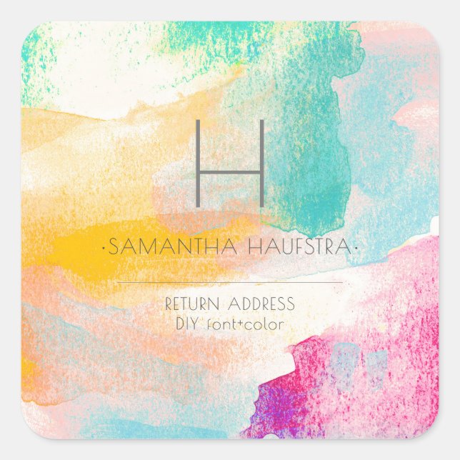 PixDezines Monogram Wasserfarbenpinsel Schlaganfäl Quadratischer Aufkleber (Vorderseite)