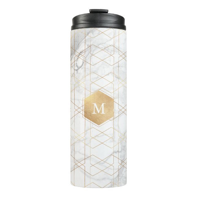 PixDezines MONOGRAM WHITE MARBLE+HONEYCOMB Thermosbecher (Vorderseite)