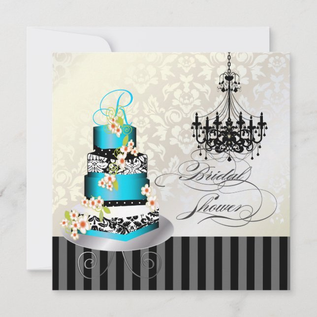 PixDezines Monogramm Brautparty, Blauer Kuchen Einladung (Vorderseite)