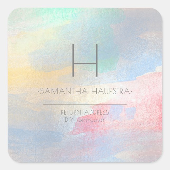 PixDezines Monogramm Iridescent Brushed Wasserfarb Quadratischer Aufkleber (Vorderseite)