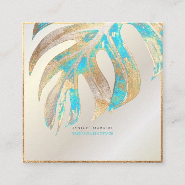 PixDezines MONSTERA, DUO TONE IMITATS FOIL, AQUA Quadratische Visitenkarte (Vorderseite)