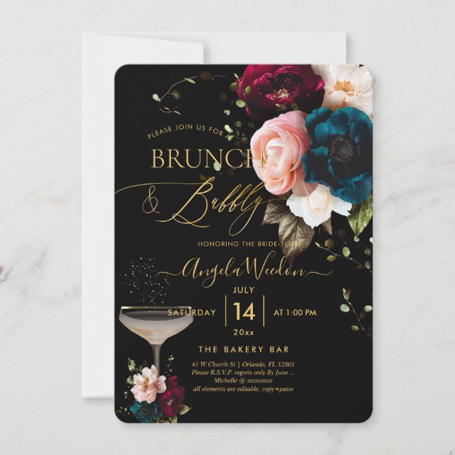 PixDezines Moody Botanischer Brunch Bubbly Einladung (Vorderseite)