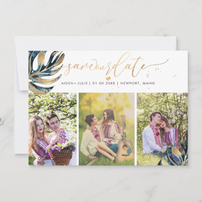 PixDezines Navy Blue Monstera Imitats Metallic Save The Date (Vorderseite)