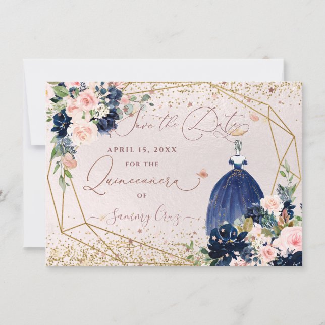 PixDezines Navy Blue Save the Date Quinceanera Einladung (Vorderseite)