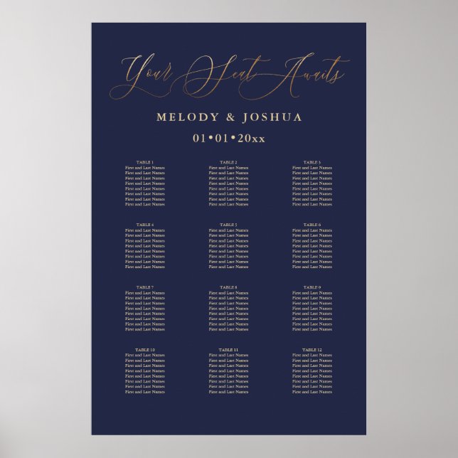 PixDezines Navy+Gold-Kalligraphie, Seating Chart Poster (Vorne)