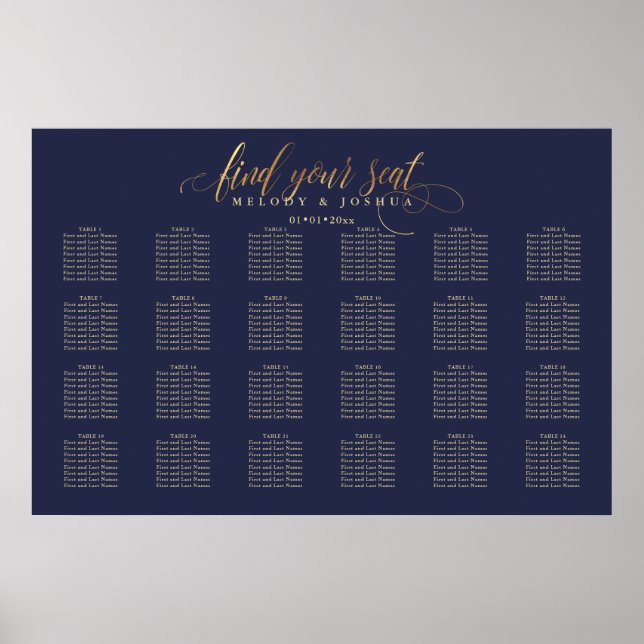 PixDezines Navy+Gold-Kalligraphie, Seating Chart Poster (Vorne)