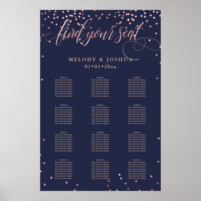 PixDezines Navy+Rose Gold Script, Seating Chart Poster (Vorne)