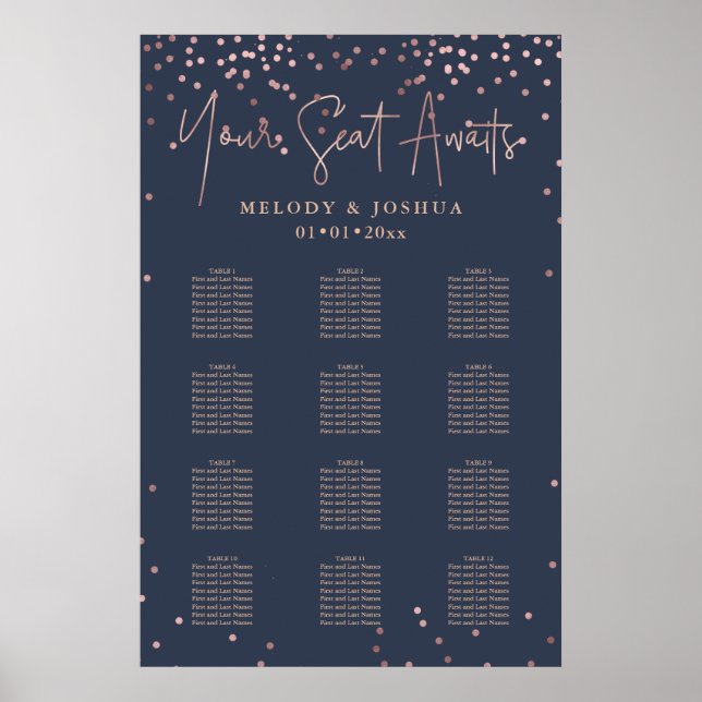 PixDezines Navy+Rose Gold Script, Seating Chart Poster (Vorne)