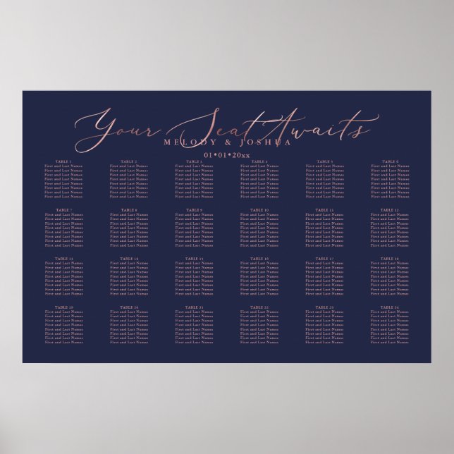 PixDezines Navy+Rose Gold Script, Seating Chart Poster (Vorne)