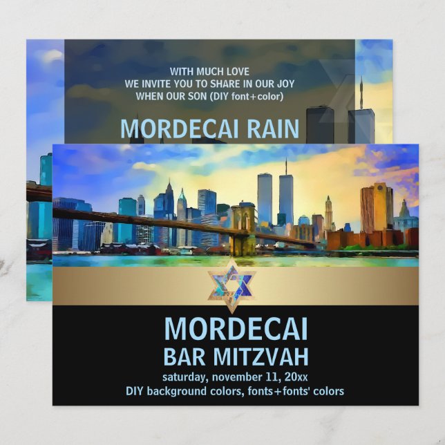 PixDezines NYC/Brooklyn Bridge/Bar Mitzvah Einladung (Vorne/Hinten)